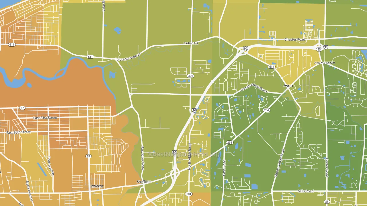 Map of the best neighborhoods in the Sheffield area, with better matches in green and worse matches in red