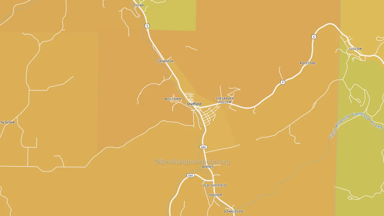 Map of the best neighborhoods in the Sheffield area, with better matches in green and worse matches in red