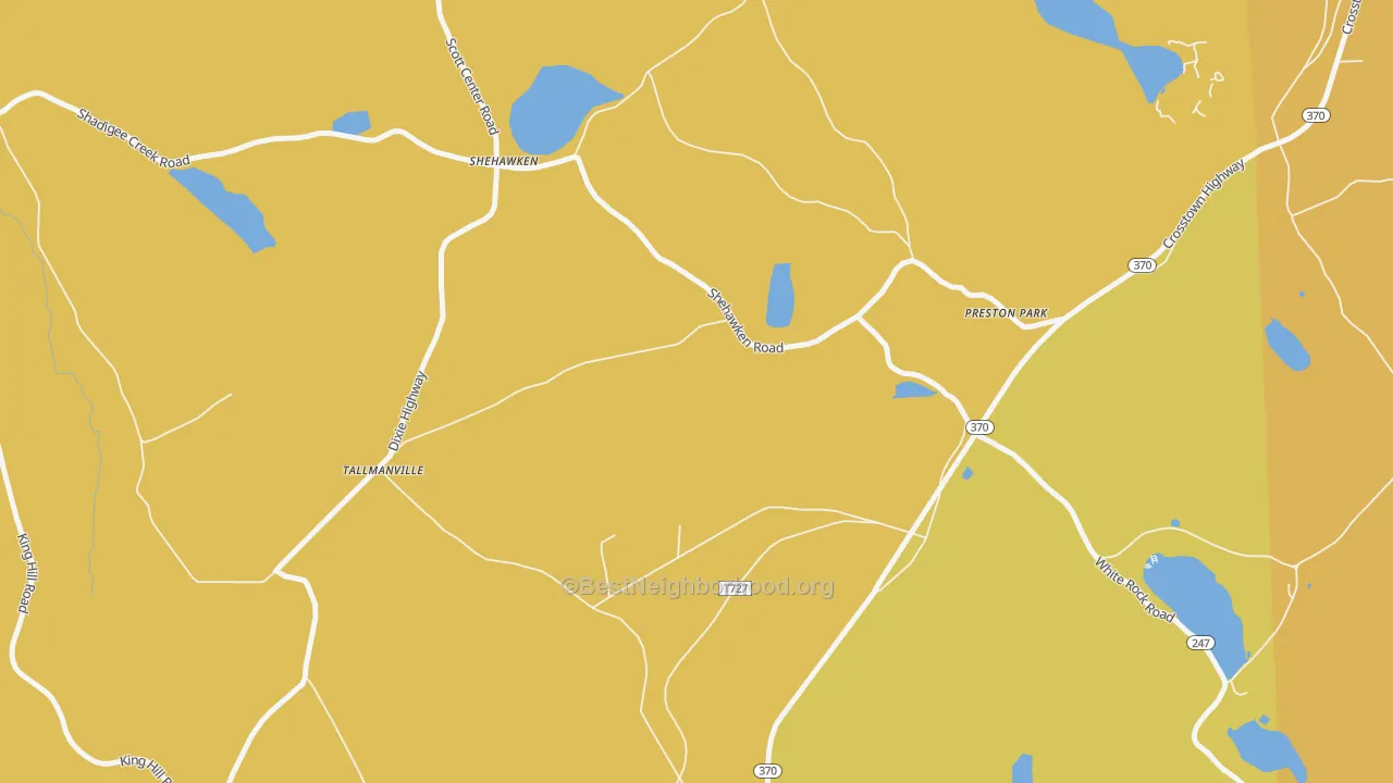 Map of the best neighborhoods in the Shehawken area, with better matches in green and worse matches in red