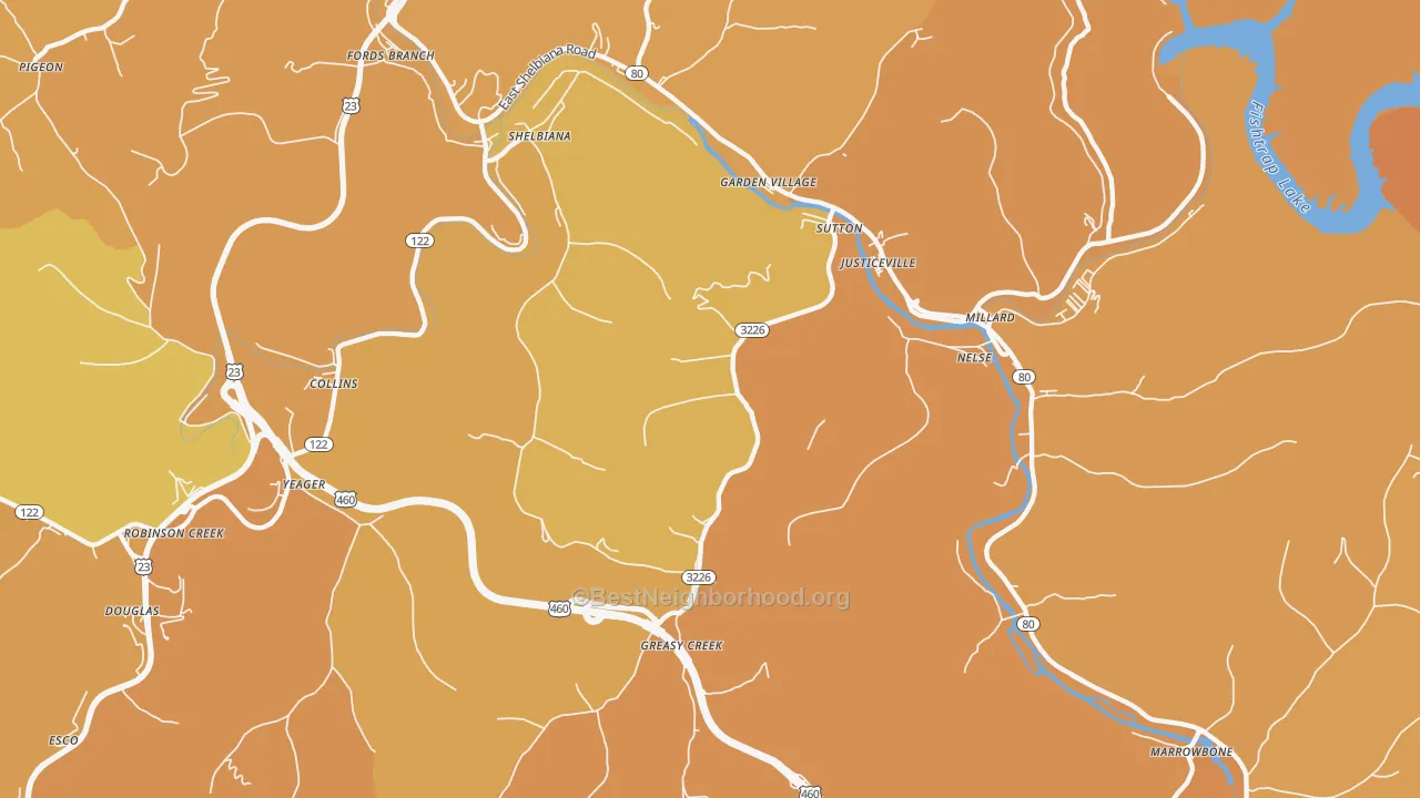 Map of the best neighborhoods in the Shelbiana area, with better matches in green and worse matches in red