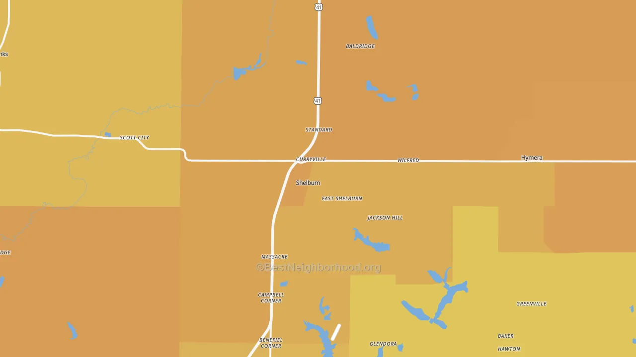 Map of the best neighborhoods in the Shelburn area, with better matches in green and worse matches in red