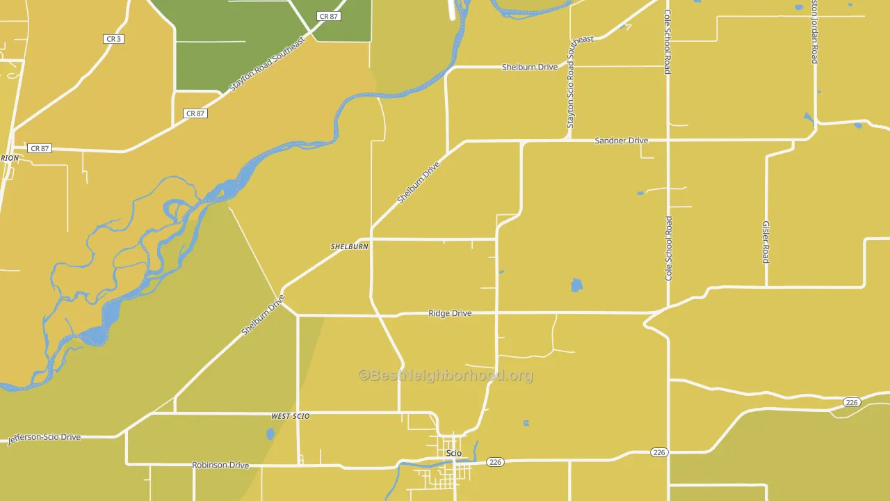 Map of the best neighborhoods in the Shelburn area, with better matches in green and worse matches in red