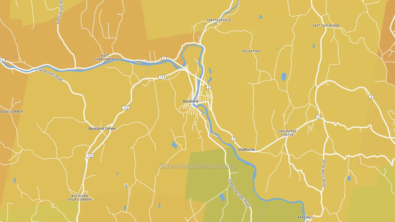 Map of the best neighborhoods in the Shelburne Falls area, with better matches in green and worse matches in red