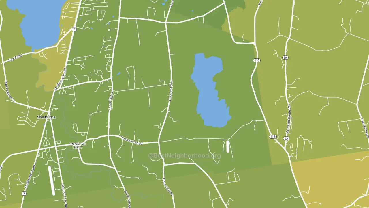 Map of the best neighborhoods in the Shelburne Falls area, with better matches in green and worse matches in red