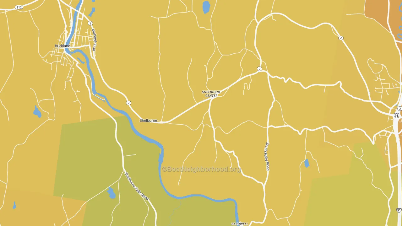 Map of the best neighborhoods in the Shelburne area, with better matches in green and worse matches in red