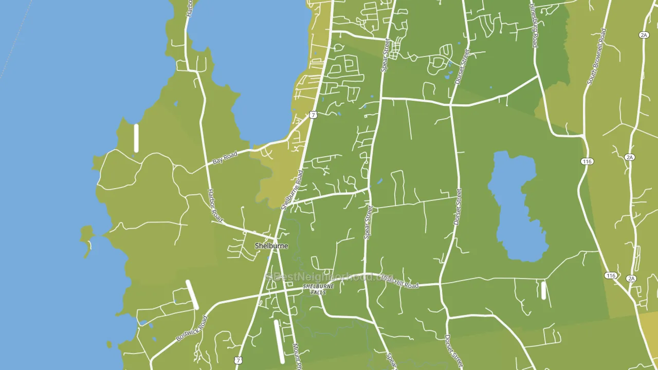 Map of the best neighborhoods in the Shelburne area, with better matches in green and worse matches in red