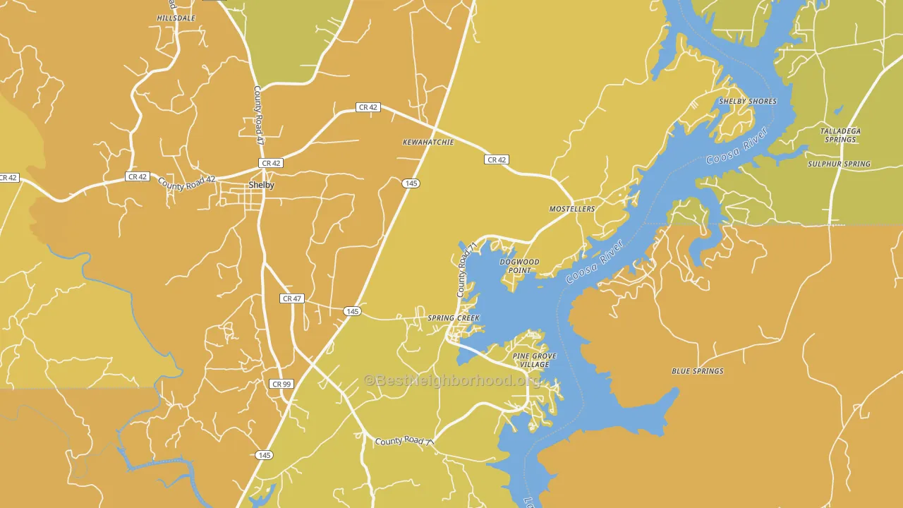 Map of the best neighborhoods in the Shelby area, with better matches in green and worse matches in red