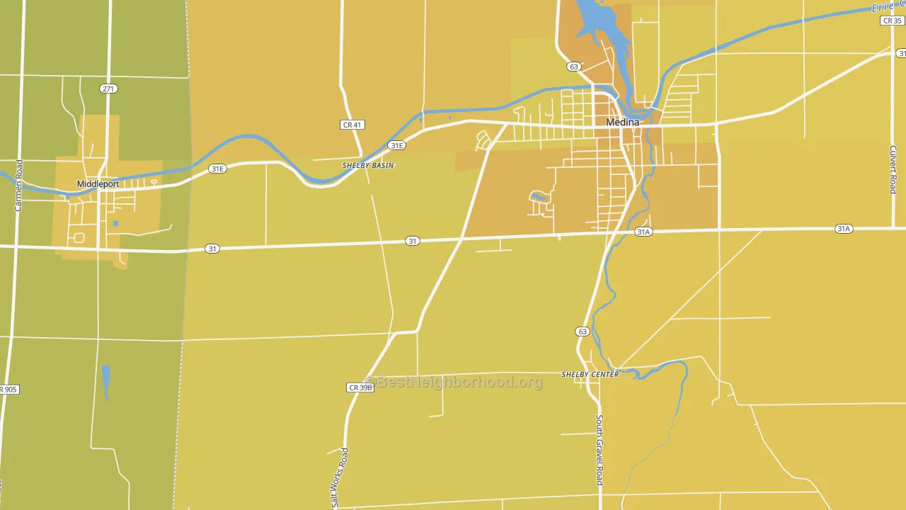 Map of the best neighborhoods in the Shelby Basin area, with better matches in green and worse matches in red