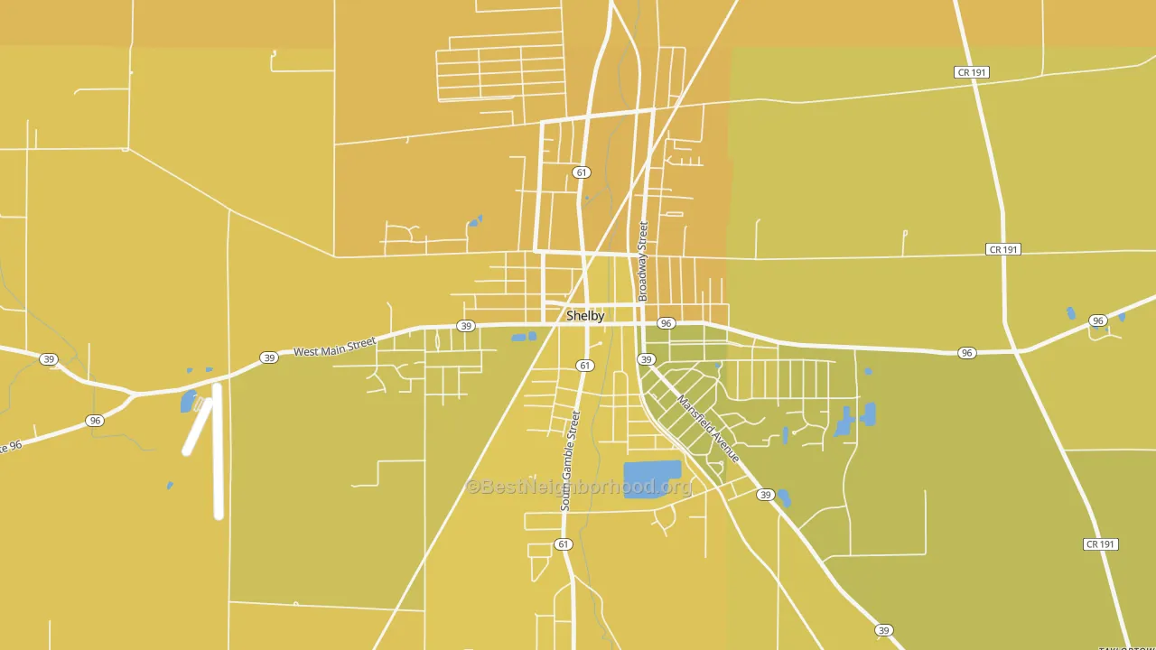 Map of the best neighborhoods in the Shelby Center Historic District, Shelby area, with better matches in green and worse matches in red