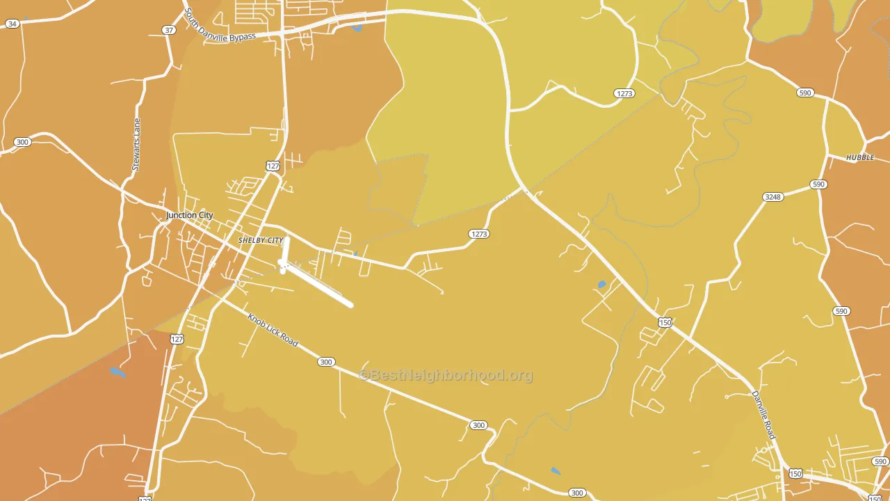 Map of the best neighborhoods in the Shelby City area, with better matches in green and worse matches in red