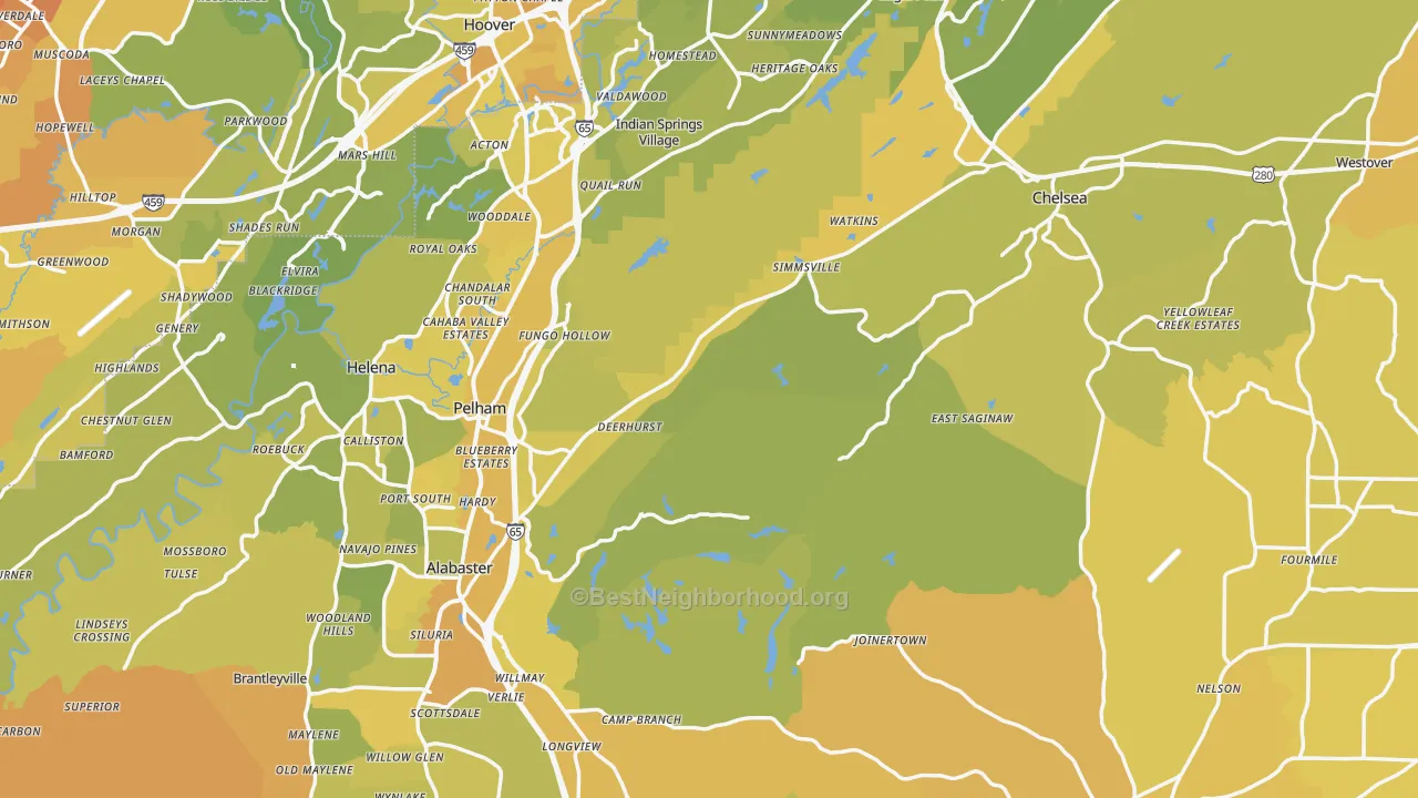 Map of the best neighborhoods in the Shelby County area, with better matches in green and worse matches in red