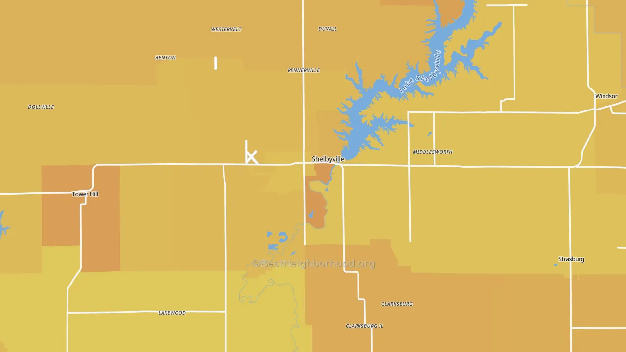 Map of the best neighborhoods in the Shelby County area, with better matches in green and worse matches in red