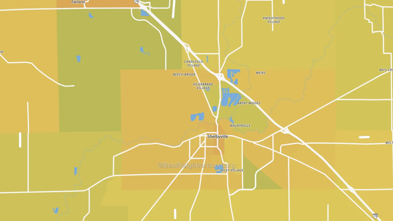 Map of the best neighborhoods in the Shelby County area, with better matches in green and worse matches in red