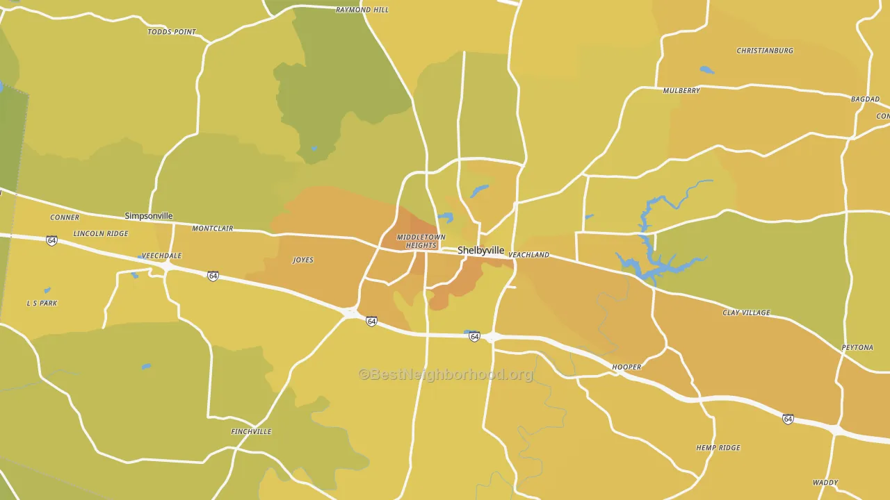 Map of the best neighborhoods in the Shelby County area, with better matches in green and worse matches in red