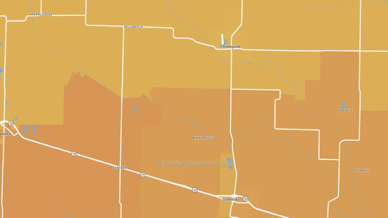 Map of the best neighborhoods in the Shelby County area, with better matches in green and worse matches in red
