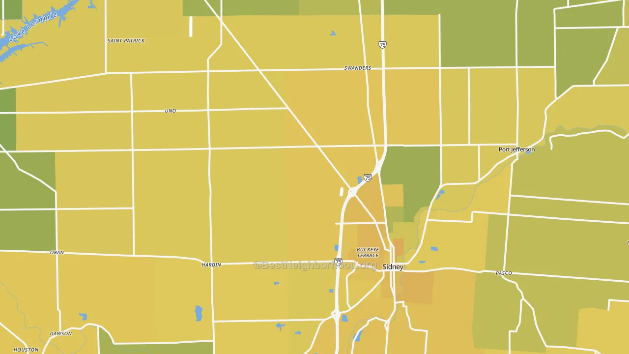 Map of the best neighborhoods in the Shelby County area, with better matches in green and worse matches in red