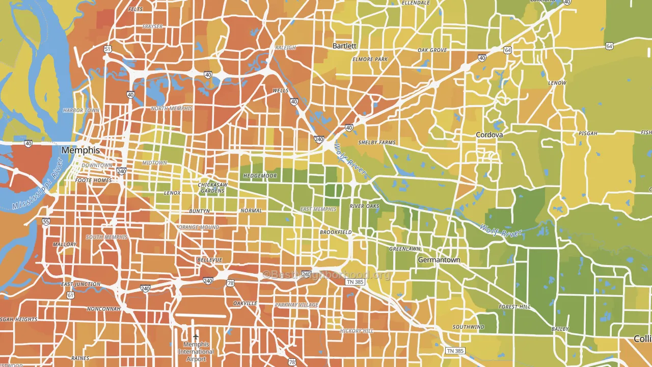 Map of the best neighborhoods in the Shelby County area, with better matches in green and worse matches in red