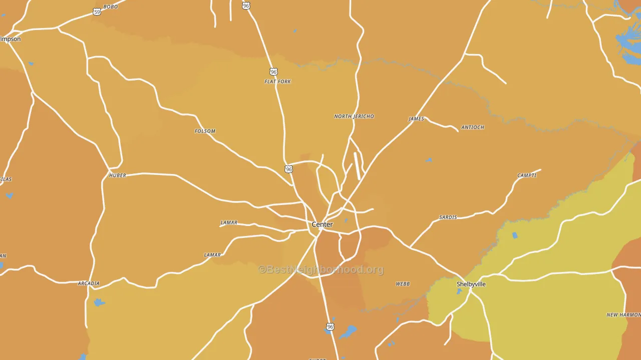 Map of the best neighborhoods in the Shelby County area, with better matches in green and worse matches in red