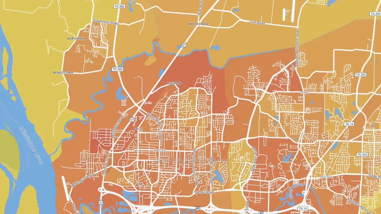 Map of the best neighborhoods in the Shelby Forest-Frayser, Memphis area, with better matches in green and worse matches in red
