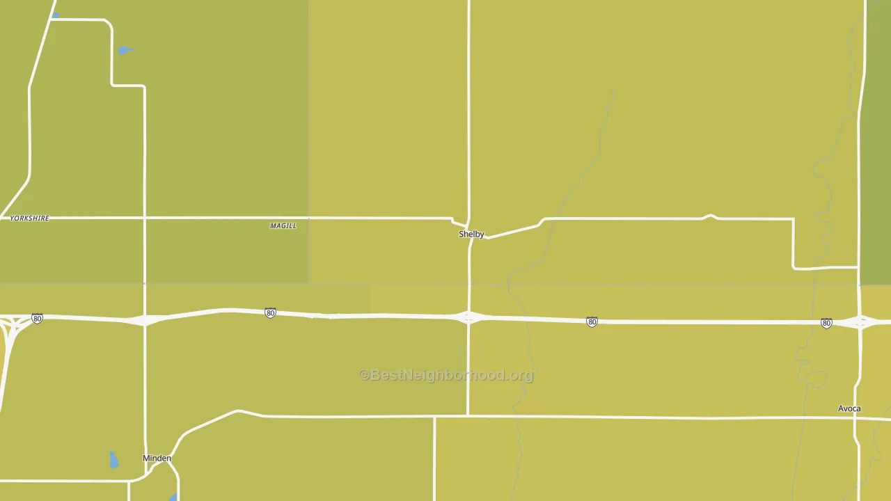 Map of the best neighborhoods in the Shelby area, with better matches in green and worse matches in red
