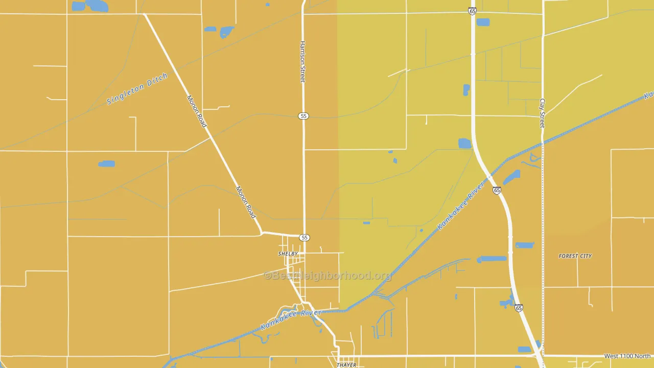 Map of the best neighborhoods in the Shelby area, with better matches in green and worse matches in red
