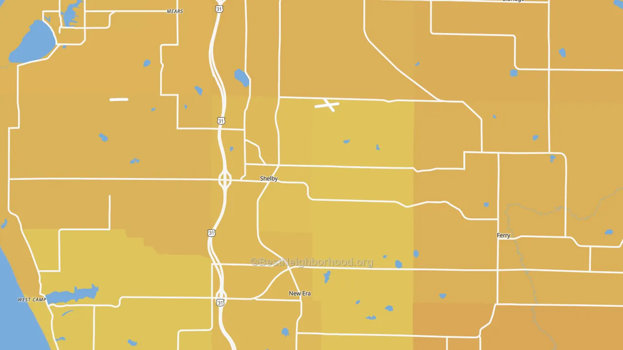 Map of the best neighborhoods in the Shelby area, with better matches in green and worse matches in red