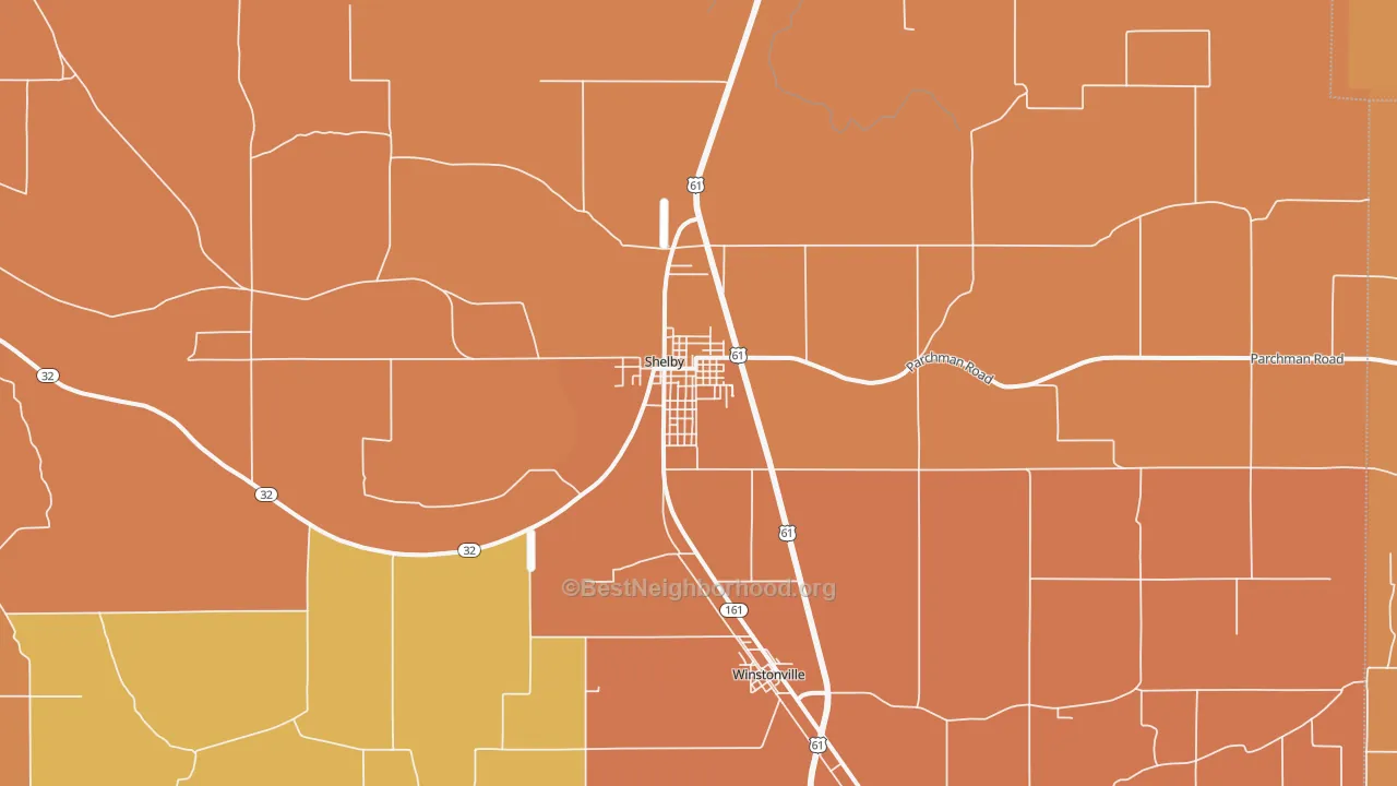 Map of the best neighborhoods in the Shelby area, with better matches in green and worse matches in red