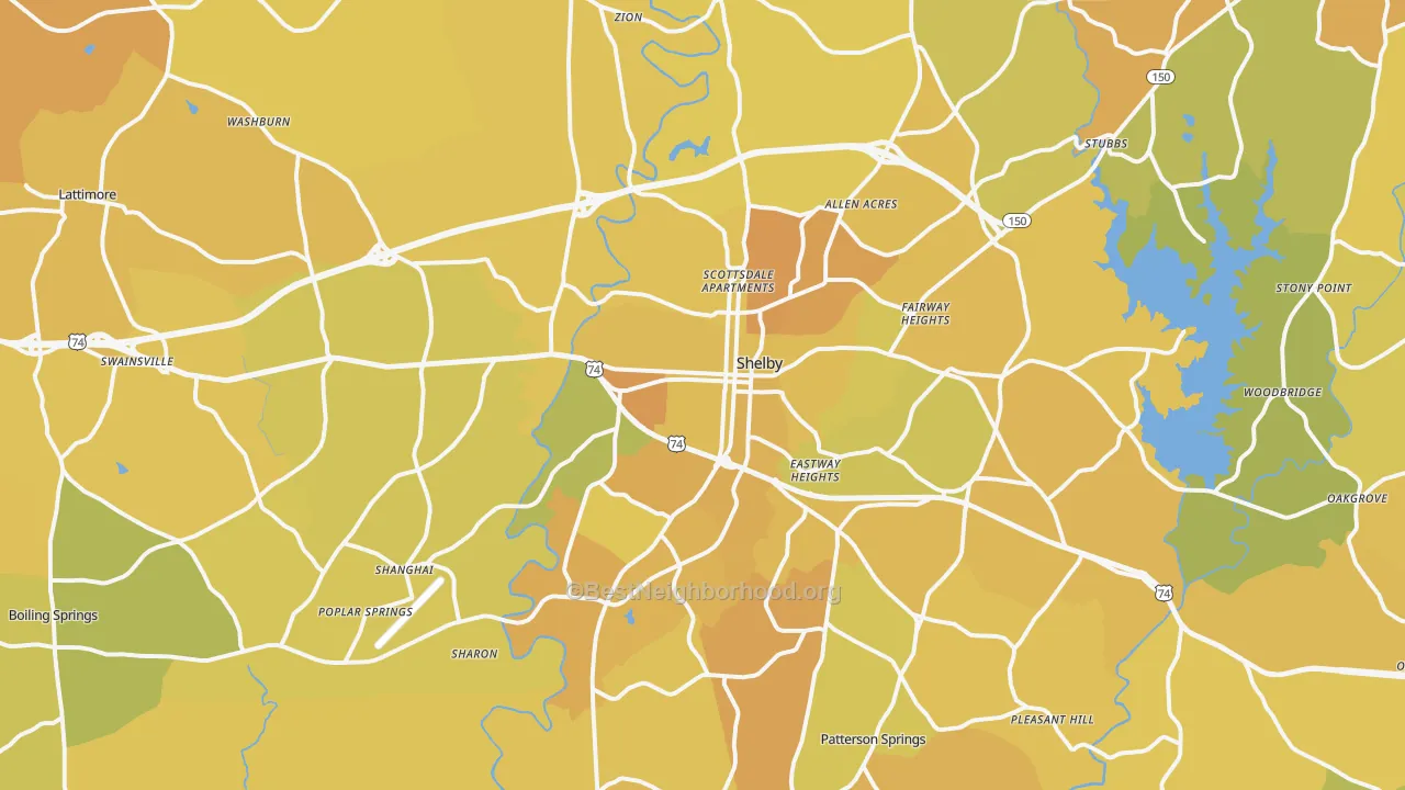 Map of the best neighborhoods in the Shelby area, with better matches in green and worse matches in red