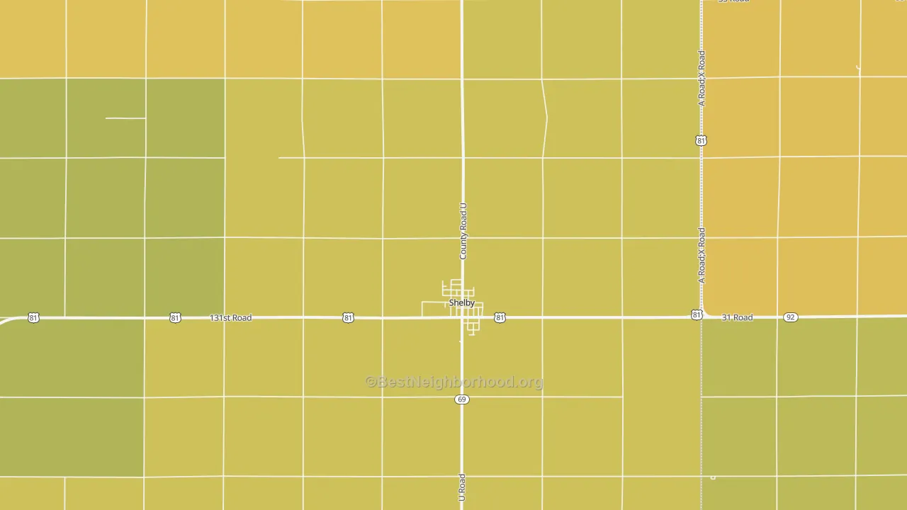 Map of the best neighborhoods in the Shelby area, with better matches in green and worse matches in red