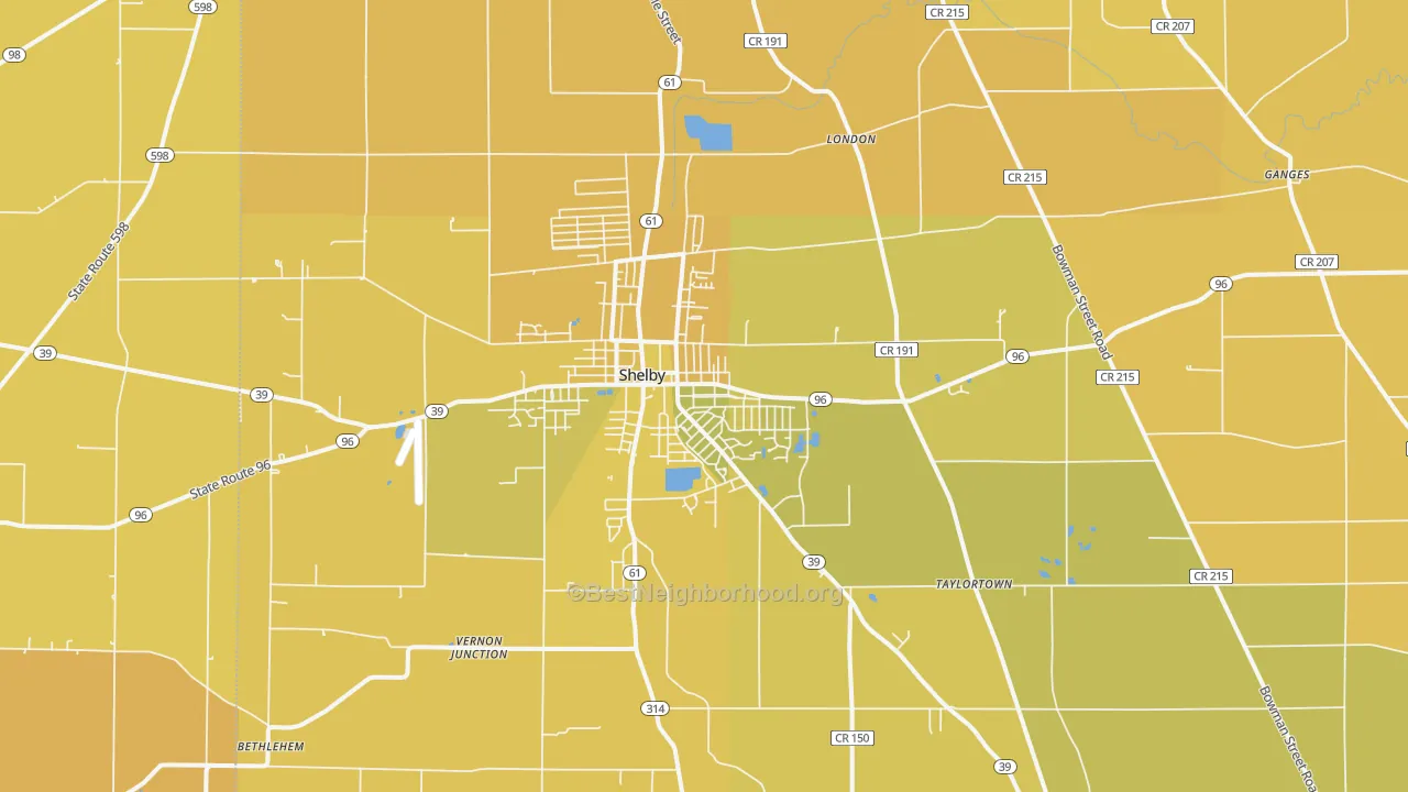 Map of the best neighborhoods in the Shelby area, with better matches in green and worse matches in red