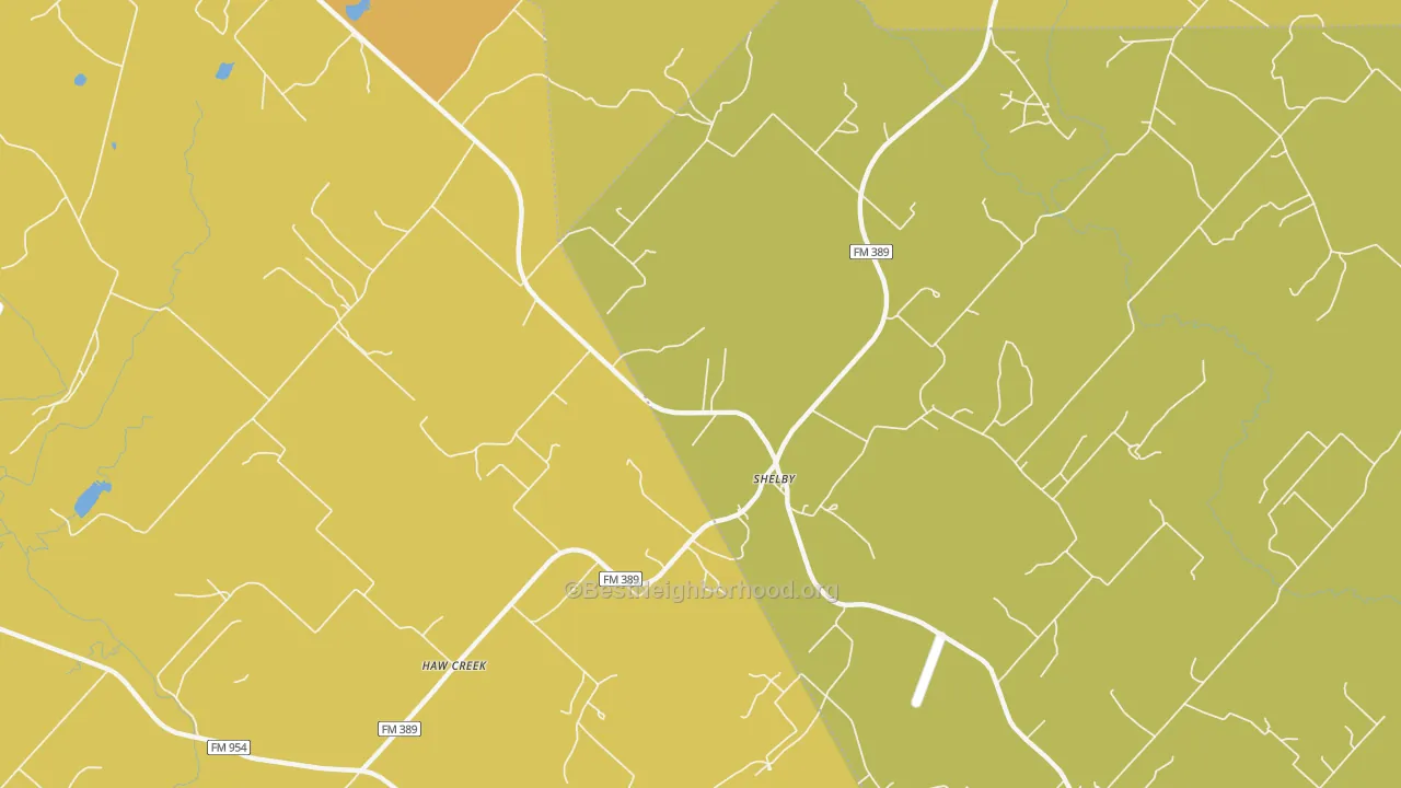 Map of the best neighborhoods in the Shelby area, with better matches in green and worse matches in red