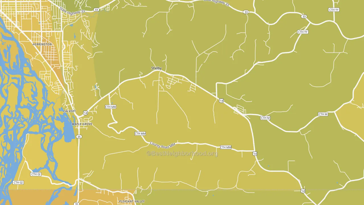 Map of the best neighborhoods in the Shelby area, with better matches in green and worse matches in red