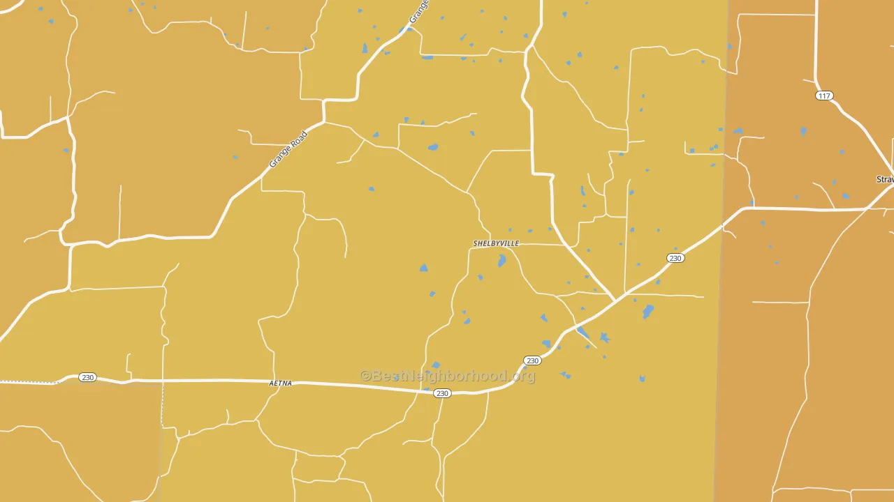 Map of the best neighborhoods in the Shelbyville area, with better matches in green and worse matches in red