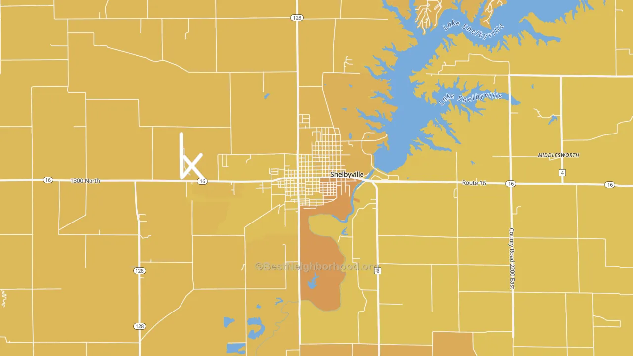 Map of the best neighborhoods in the Shelbyville area, with better matches in green and worse matches in red