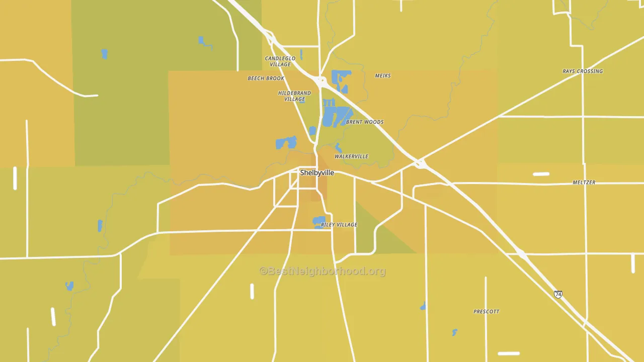 Map of the best neighborhoods in the Shelbyville area, with better matches in green and worse matches in red