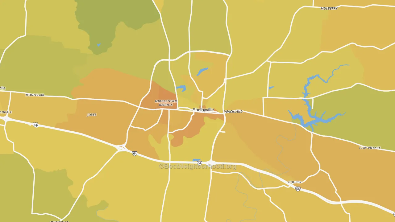 Map of the best neighborhoods in the Shelbyville area, with better matches in green and worse matches in red