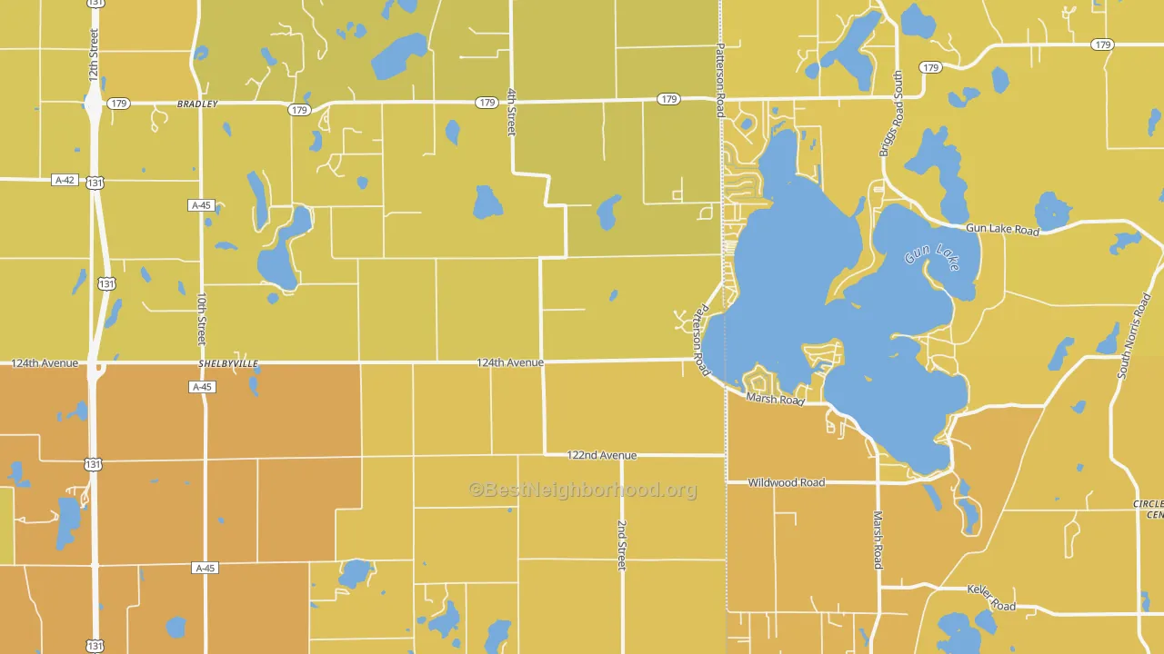 Map of the best neighborhoods in the Shelbyville area, with better matches in green and worse matches in red