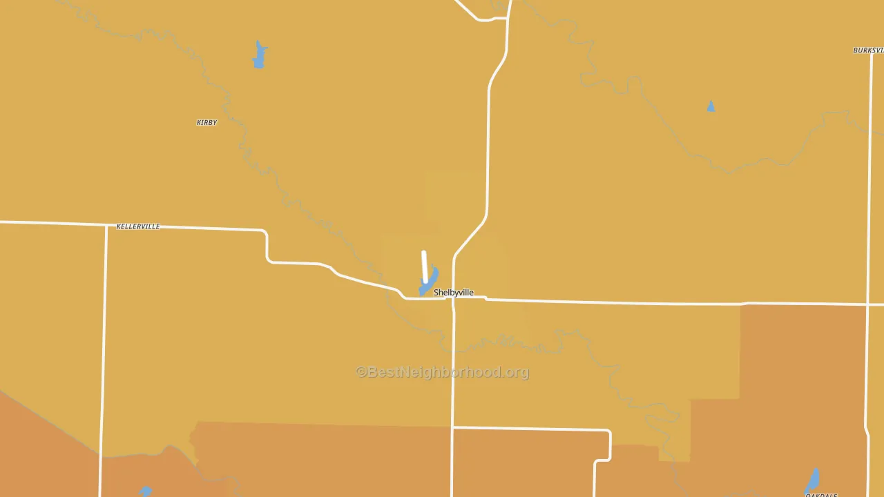 Map of the best neighborhoods in the Shelbyville area, with better matches in green and worse matches in red