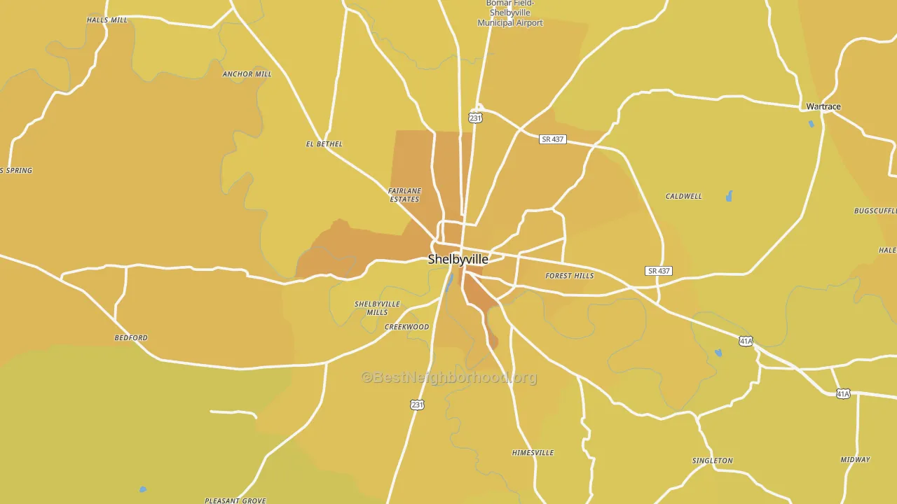Map of the best neighborhoods in the Shelbyville area, with better matches in green and worse matches in red