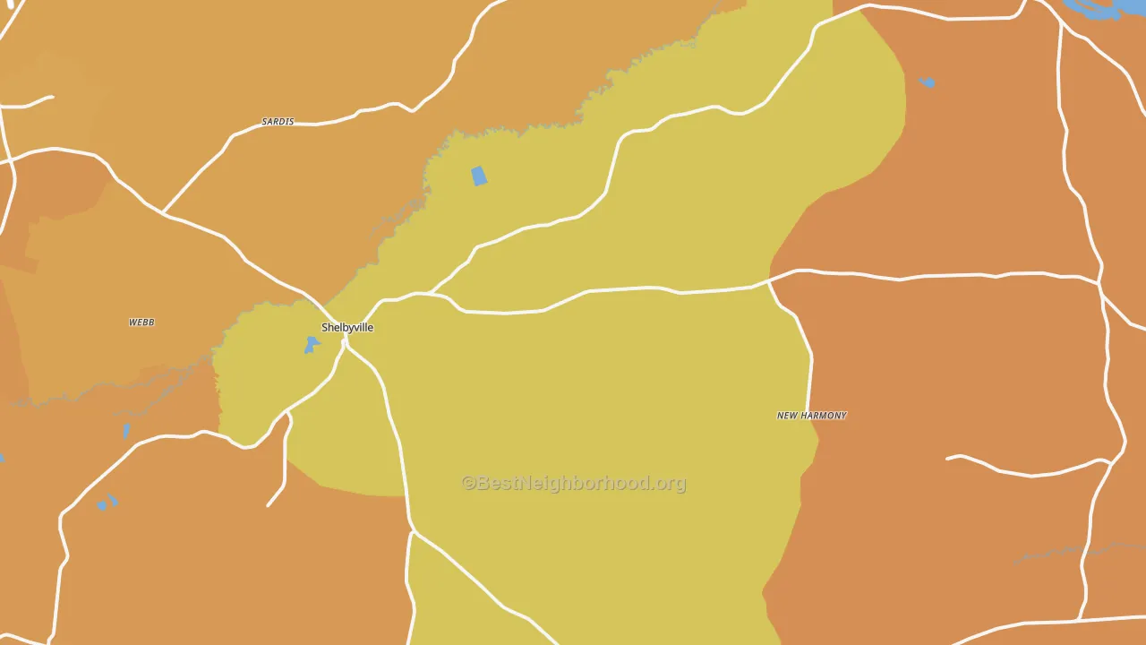 Map of the best neighborhoods in the Shelbyville area, with better matches in green and worse matches in red