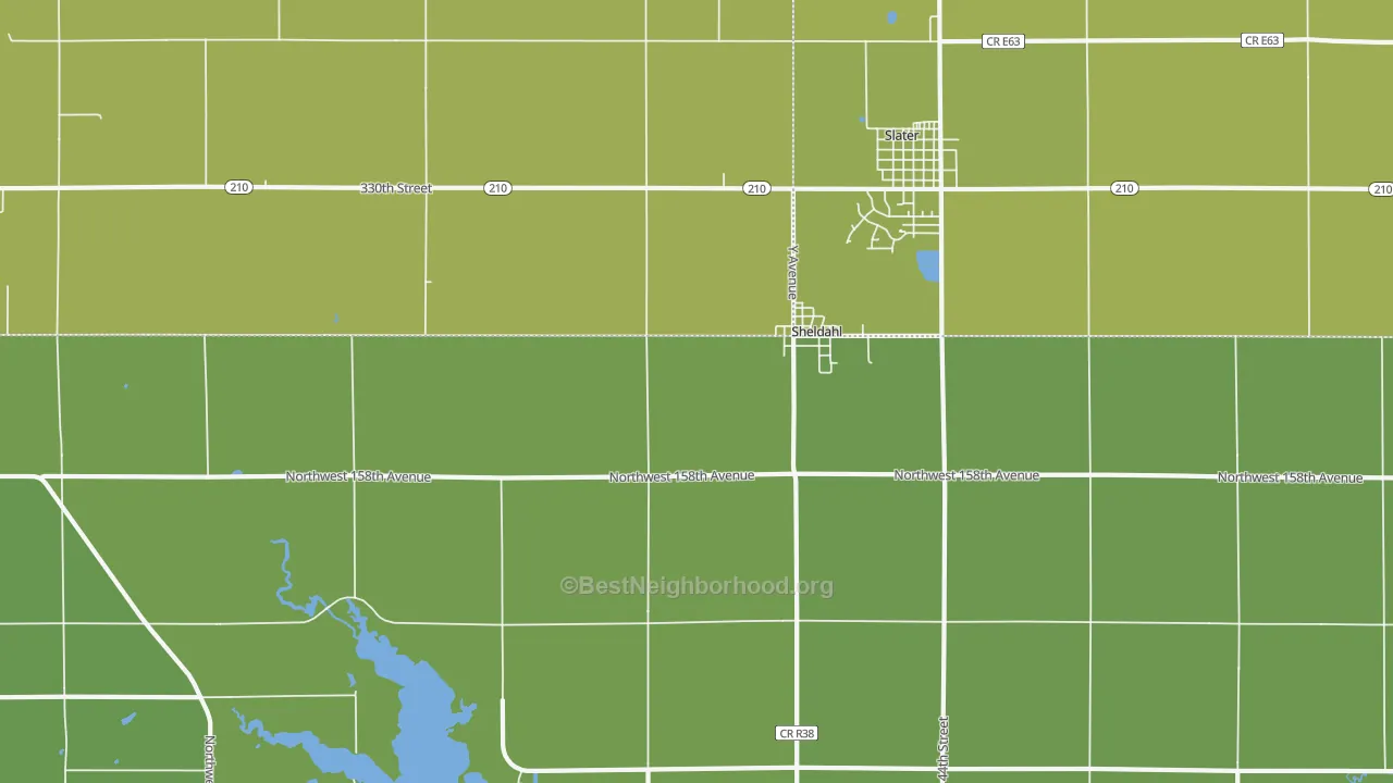 Map of the best neighborhoods in the Sheldahl area, with better matches in green and worse matches in red