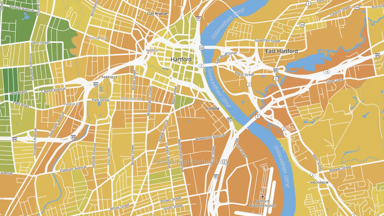 Map of the best neighborhoods in the Sheldon Charter Oak, Hartford area, with better matches in green and worse matches in red