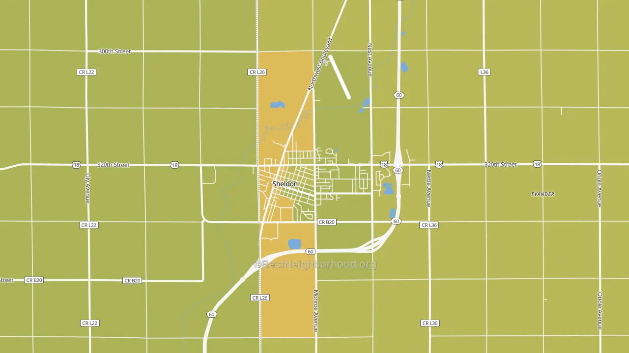 Map of the best neighborhoods in the Sheldon area, with better matches in green and worse matches in red