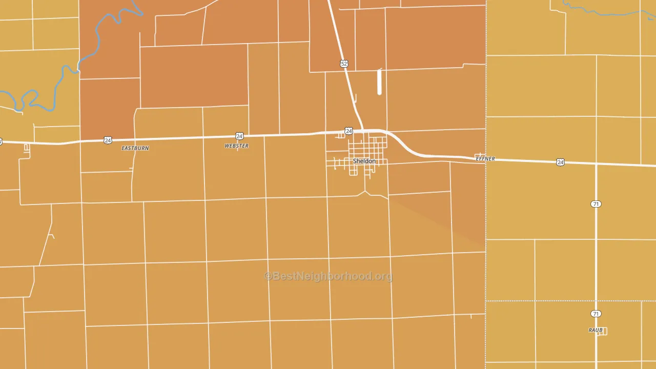Map of the best neighborhoods in the Sheldon area, with better matches in green and worse matches in red