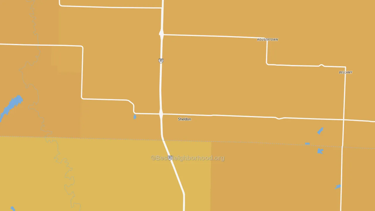 Map of the best neighborhoods in the Sheldon area, with better matches in green and worse matches in red