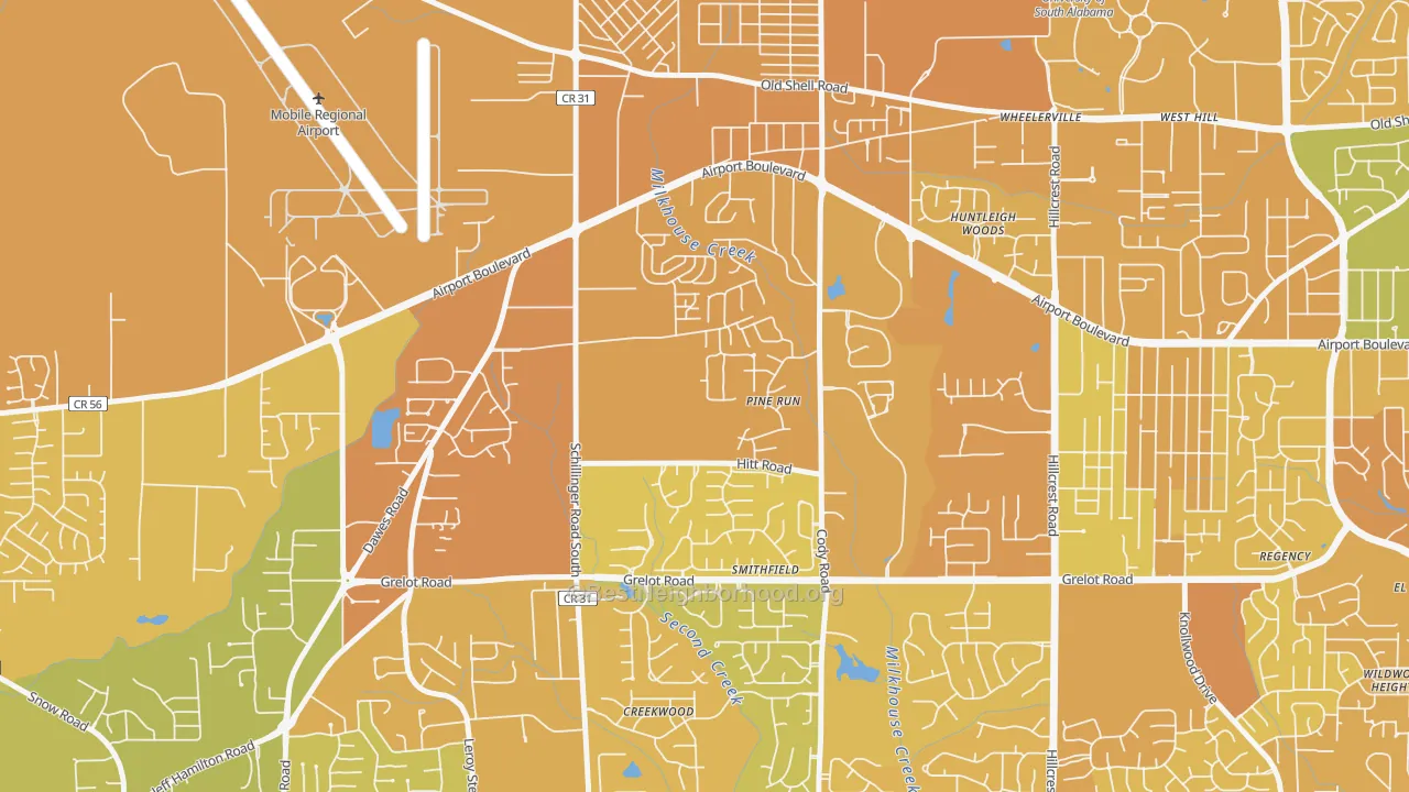 Map of the best neighborhoods in the Sheldon, Mobile area, with better matches in green and worse matches in red