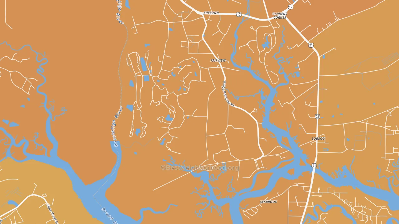 Map of the best neighborhoods in the Sheldon area, with better matches in green and worse matches in red