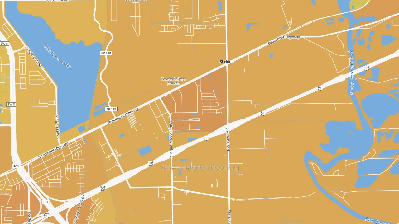 Map of the best neighborhoods in the Sheldon area, with better matches in green and worse matches in red
