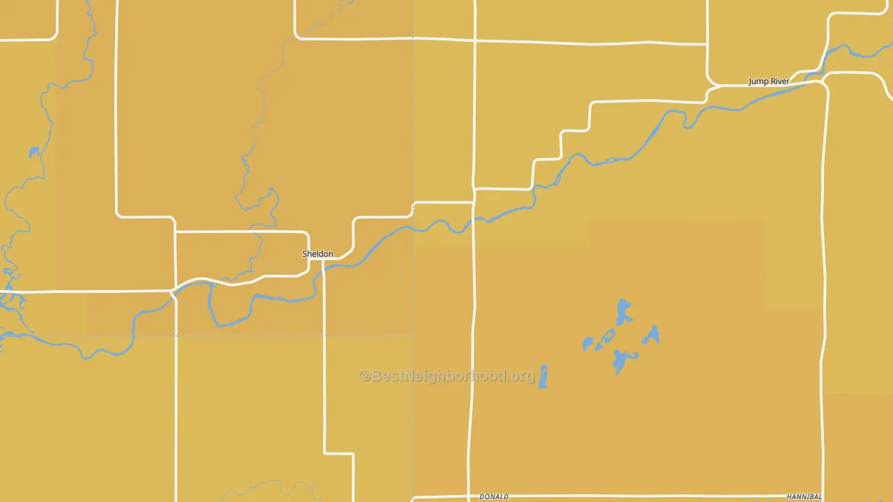 Map of the best neighborhoods in the Sheldon area, with better matches in green and worse matches in red
