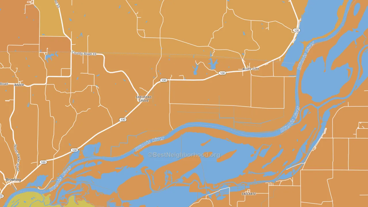 Map of the best neighborhoods in the Sheldons Grove area, with better matches in green and worse matches in red